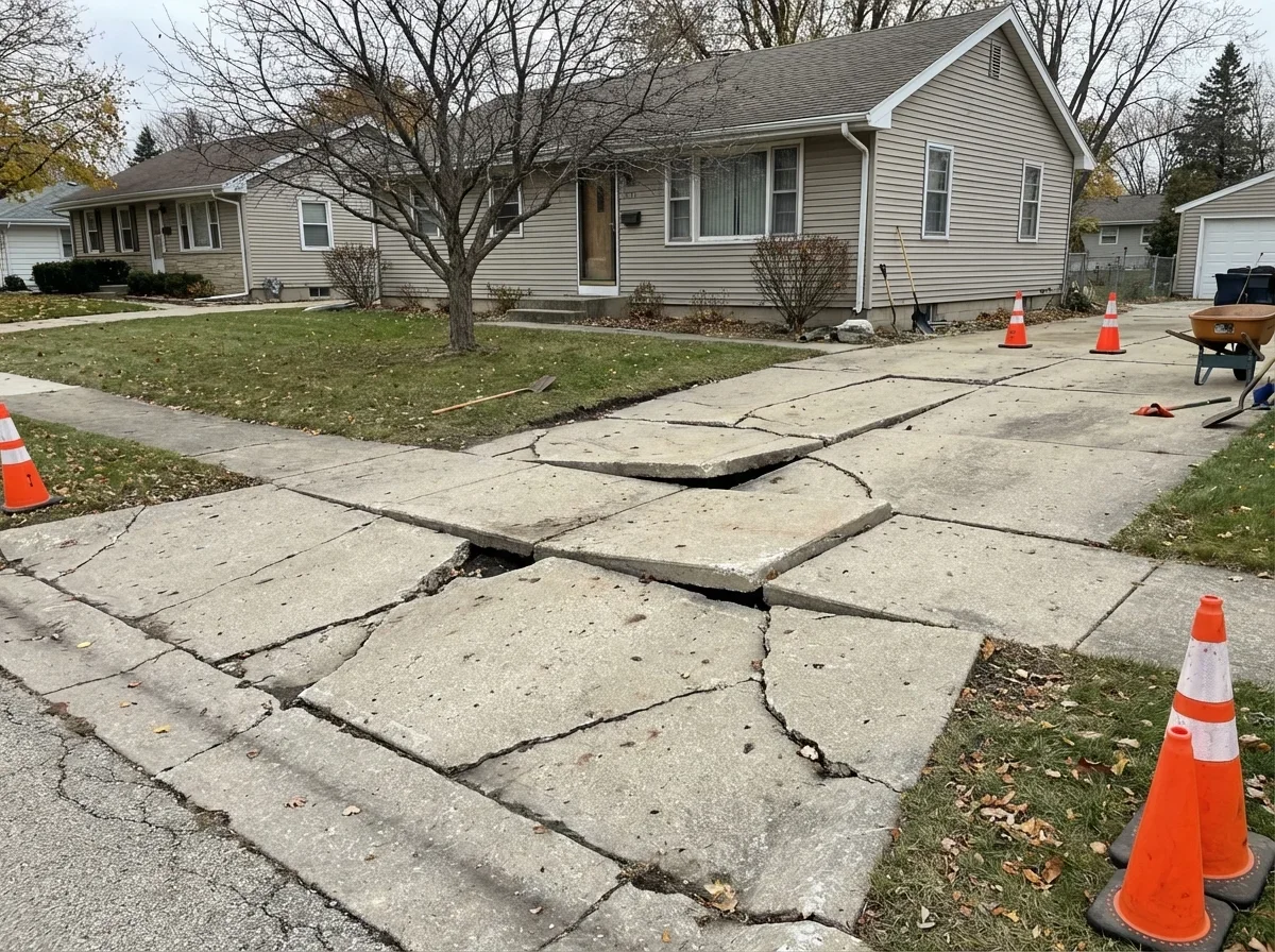 Driveway repair needed: Frost heave caused severe and uneven slab damage