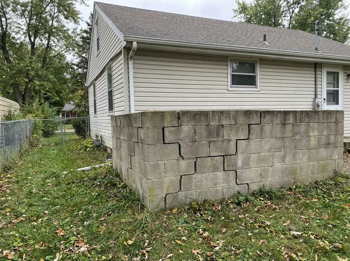 Step cracks in block foundation indicate settling, call us for repair
