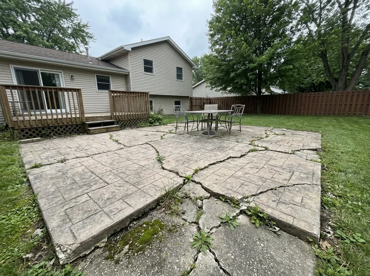 Failing stamped concrete: sunken, cracked, and unsafe after years of neglect