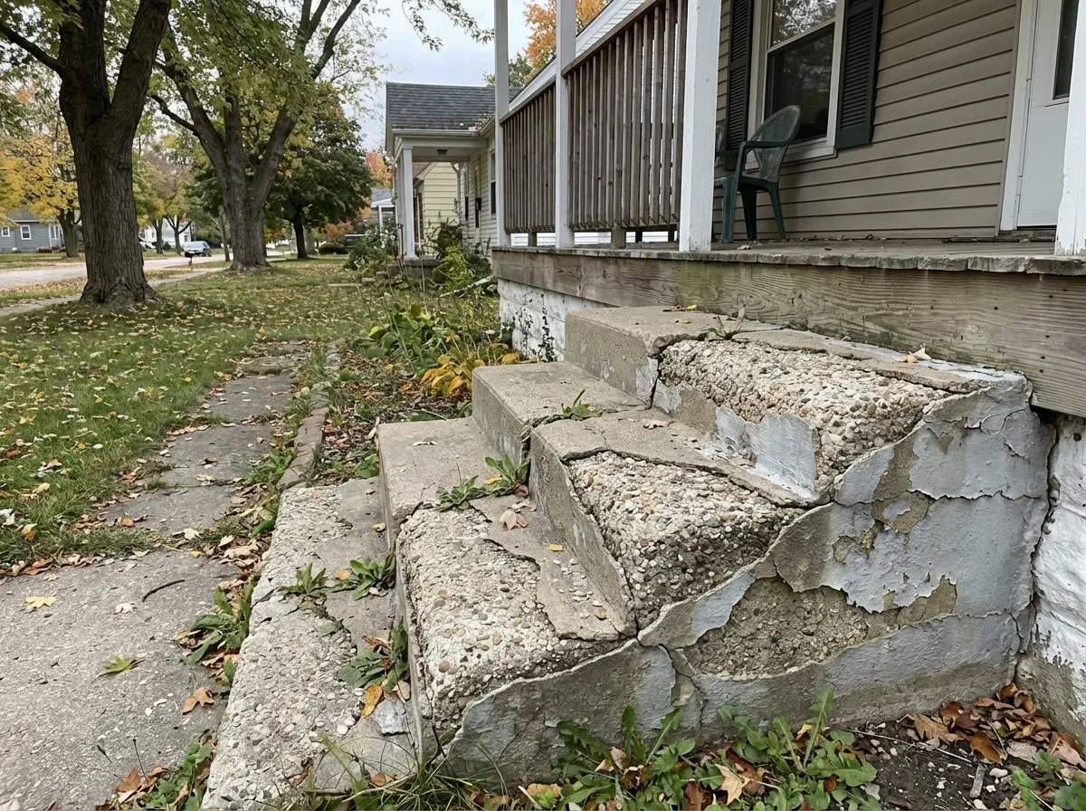 Concrete step repair needed: Deterioration reveals aggregate, posing a trip hazard
