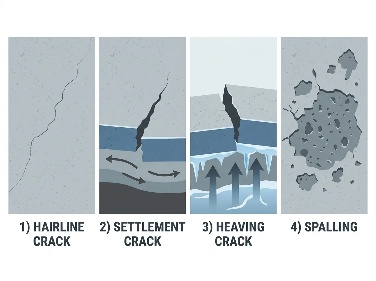 Fox Valley concrete crack types guide — hairline, settlement, frost heave, and spalling crack identification