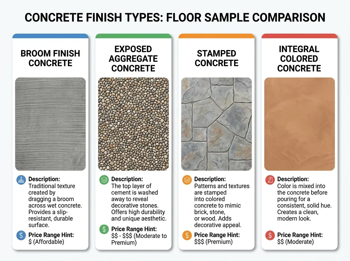Fox Valley concrete finish types comparison — broom, exposed aggregate, stamped, and colored concrete swatches
