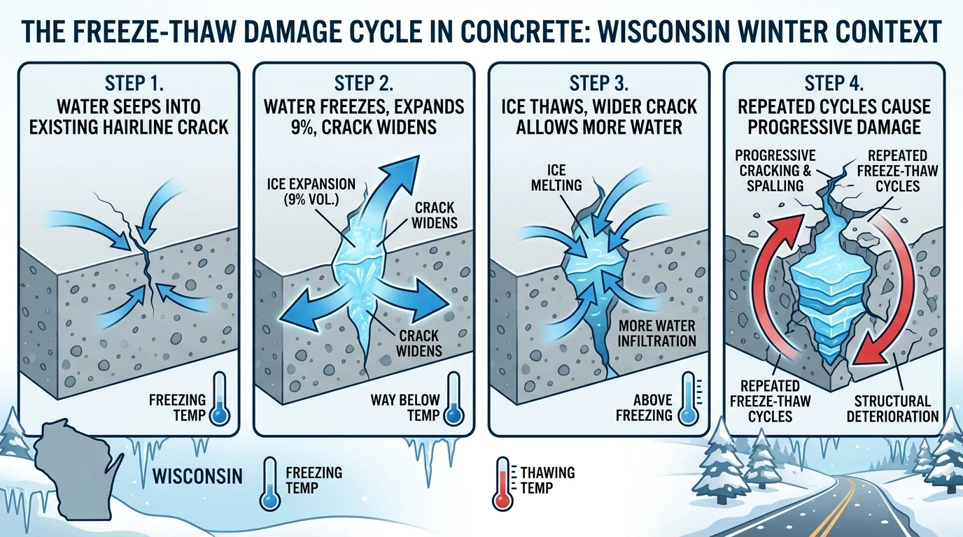 Freeze-thaw damage cycle diagram — how Wisconsin winter cycles destroy concrete driveways and patios